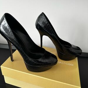 Black Croc-Embossed Platform Stiletto Pumps